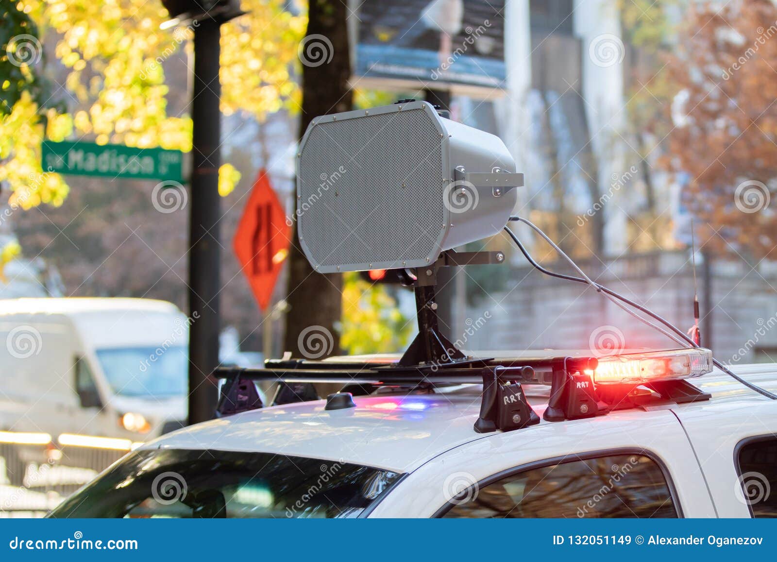 Coche Policía Con Un Megáfono Montado Imagen de archivo Imagen de