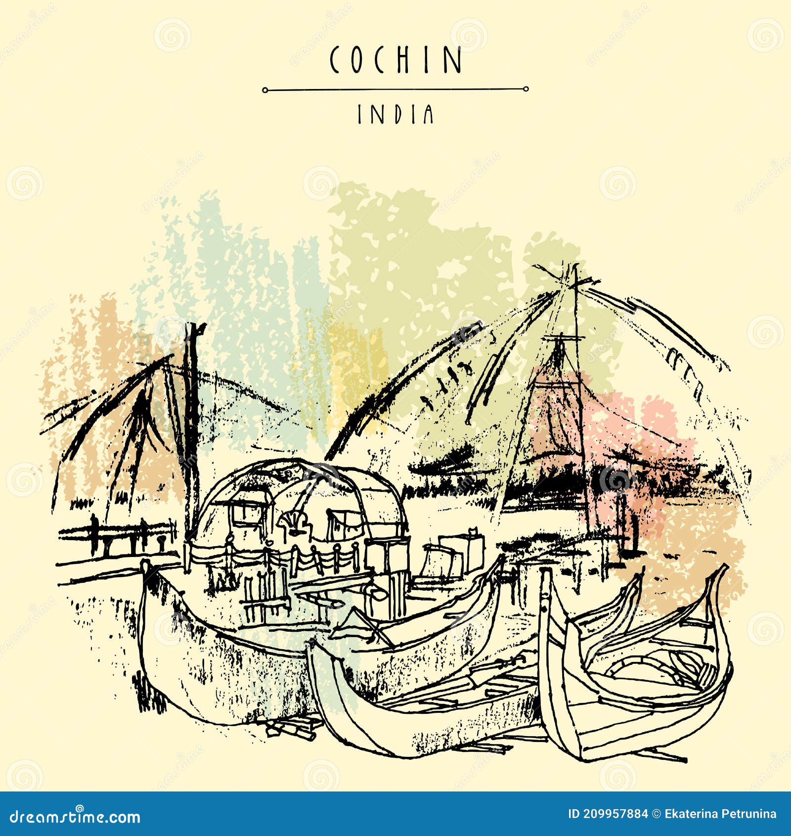 Cochin Kochi, Kerala, South India. Chinese Fishing Nets and Wooden Boats.  Historical Landmark. Seafront Hand Drawing Stock Illustration -  Illustration of dirty, kochin: 209957884