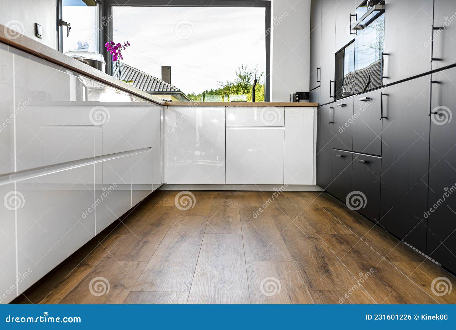 Cocina Moderna Con Fachadas Blancas Y Negras Y Grandes Paneles De Vinilo En  La Ventana Del Rincón En El Suelo. Foto de archivo - Imagen de maneta,  platos: 231601226