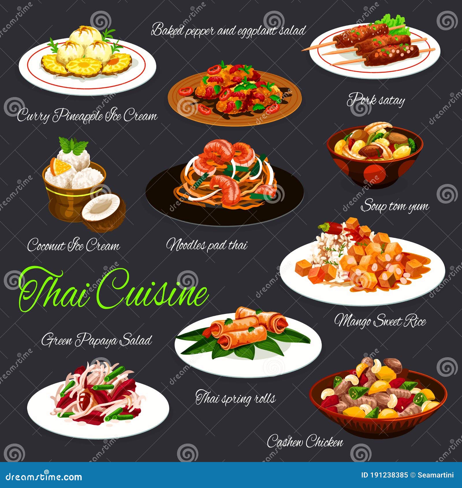 Cocina Tailandesa a Base De Marisco Carne Postres De Frutas Ilustración del  Vector - Ilustración de bocado, cocina: 191238385
