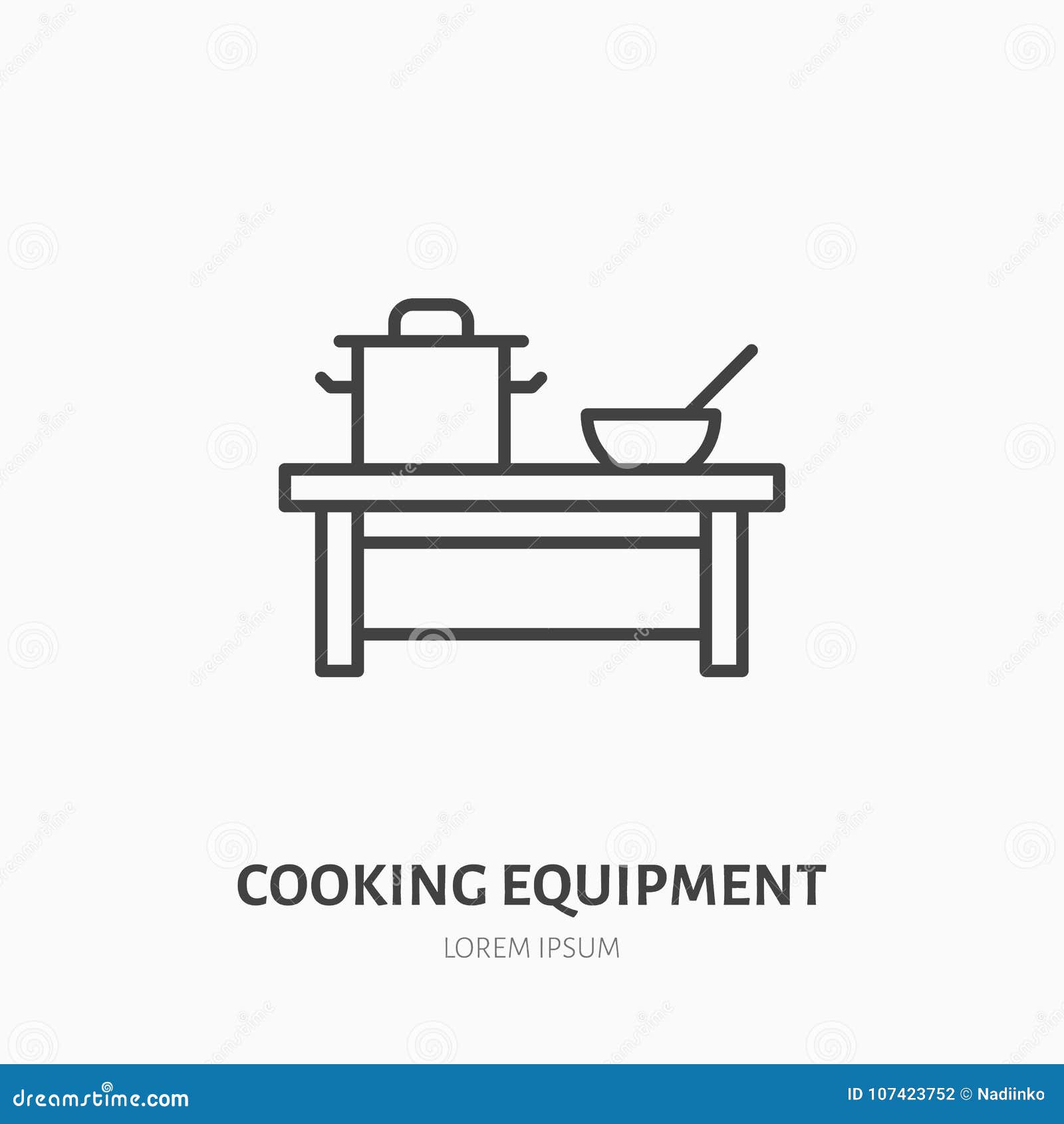 Cocinar la línea plana icono del equipo Tabla con la cacerola y el plato, muestra de la loza Logotipo linear fino para el servicio de abastecimiento