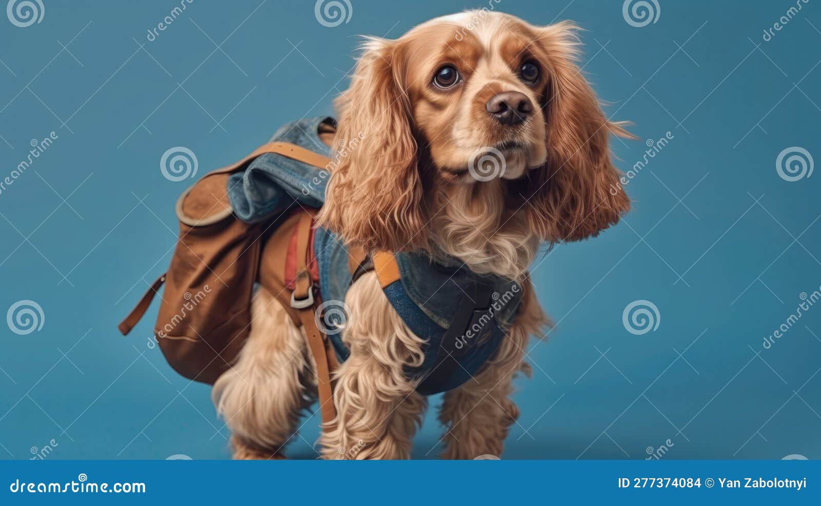 Cocker Spaniel Dog with Braided Hair and a Backpack on Blue Background