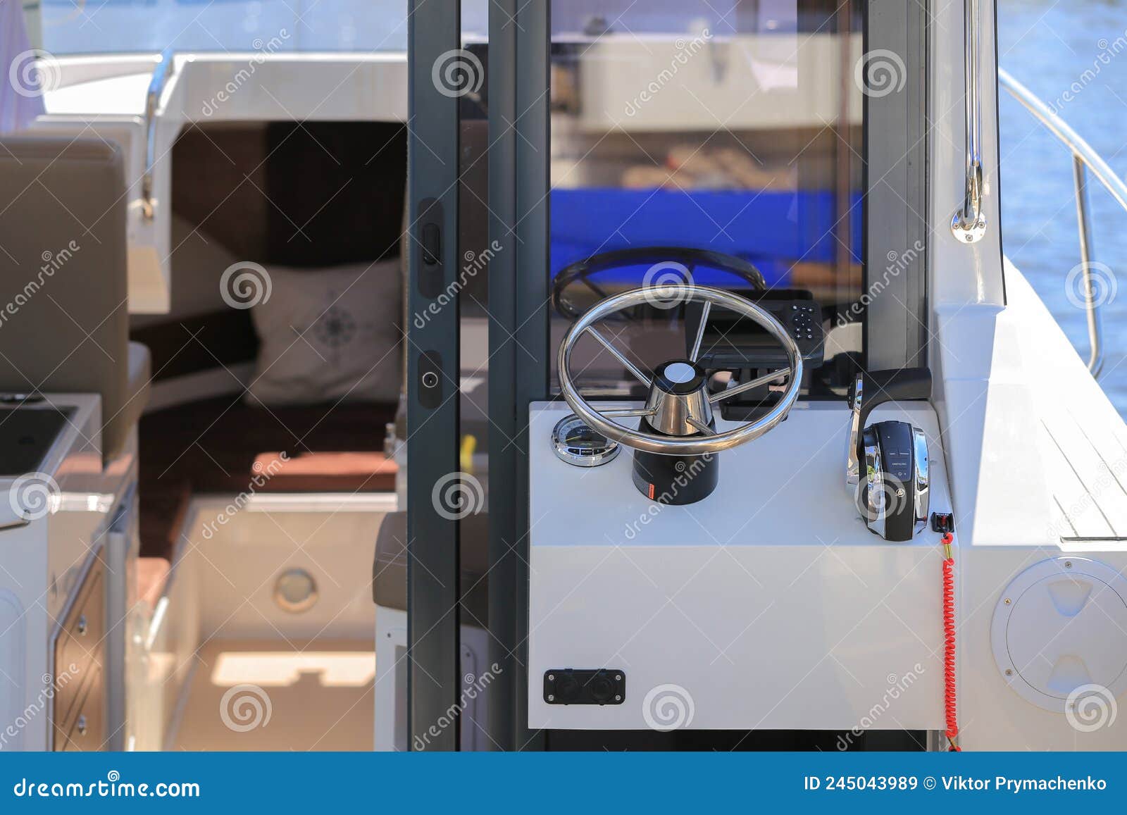 Cockpit Motor Boat with Steering Wheel and Throttle Control Stock Image