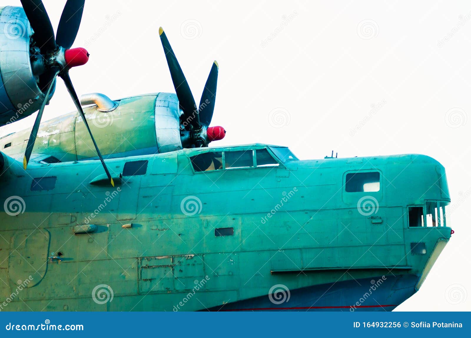 Cockpit and Propeller Blades of an Old Vintage Cargo Plane Stock Photo