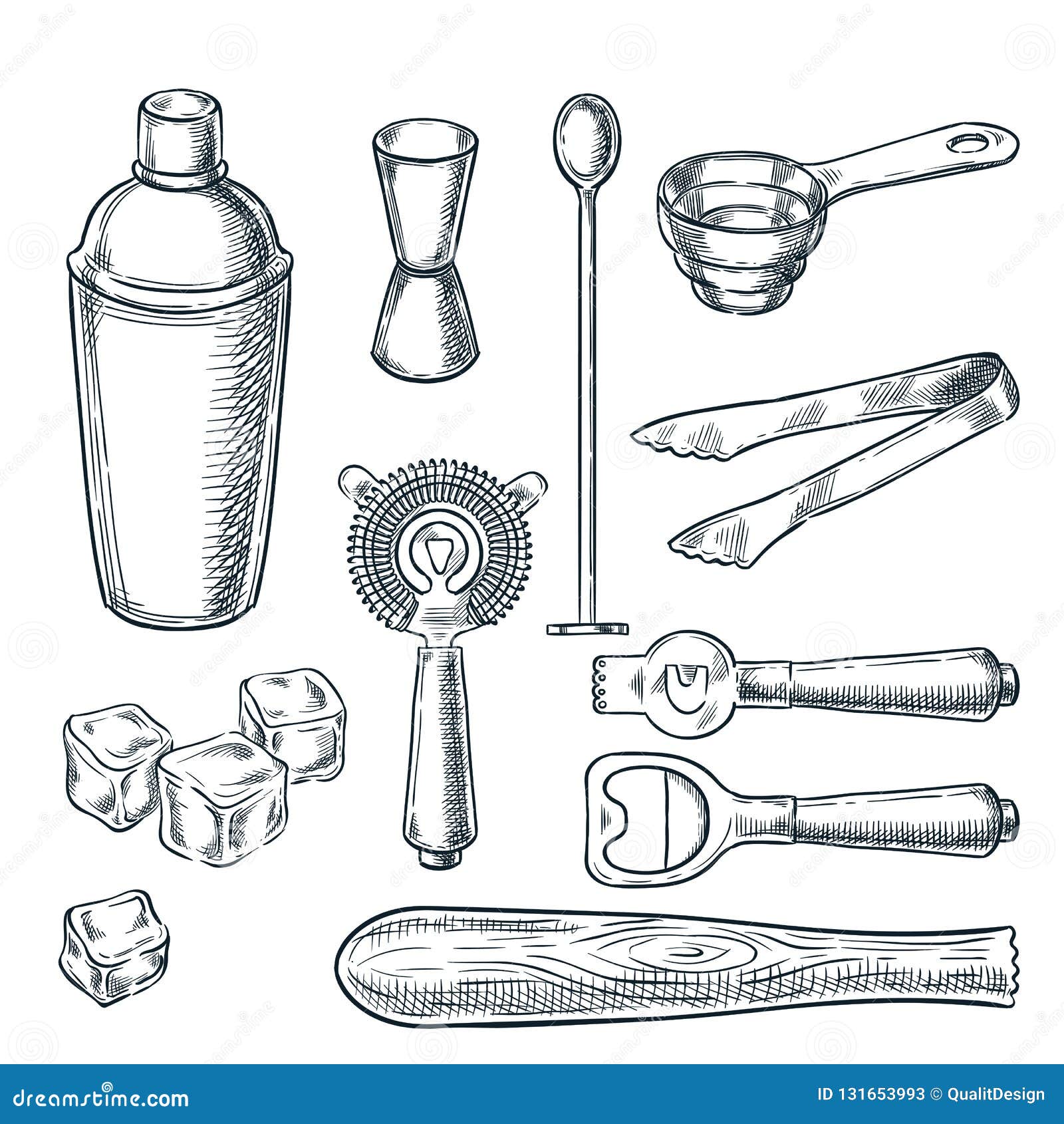 Cocktail Bar Tools and Equipment Sketch Illustration. Hand Drawn