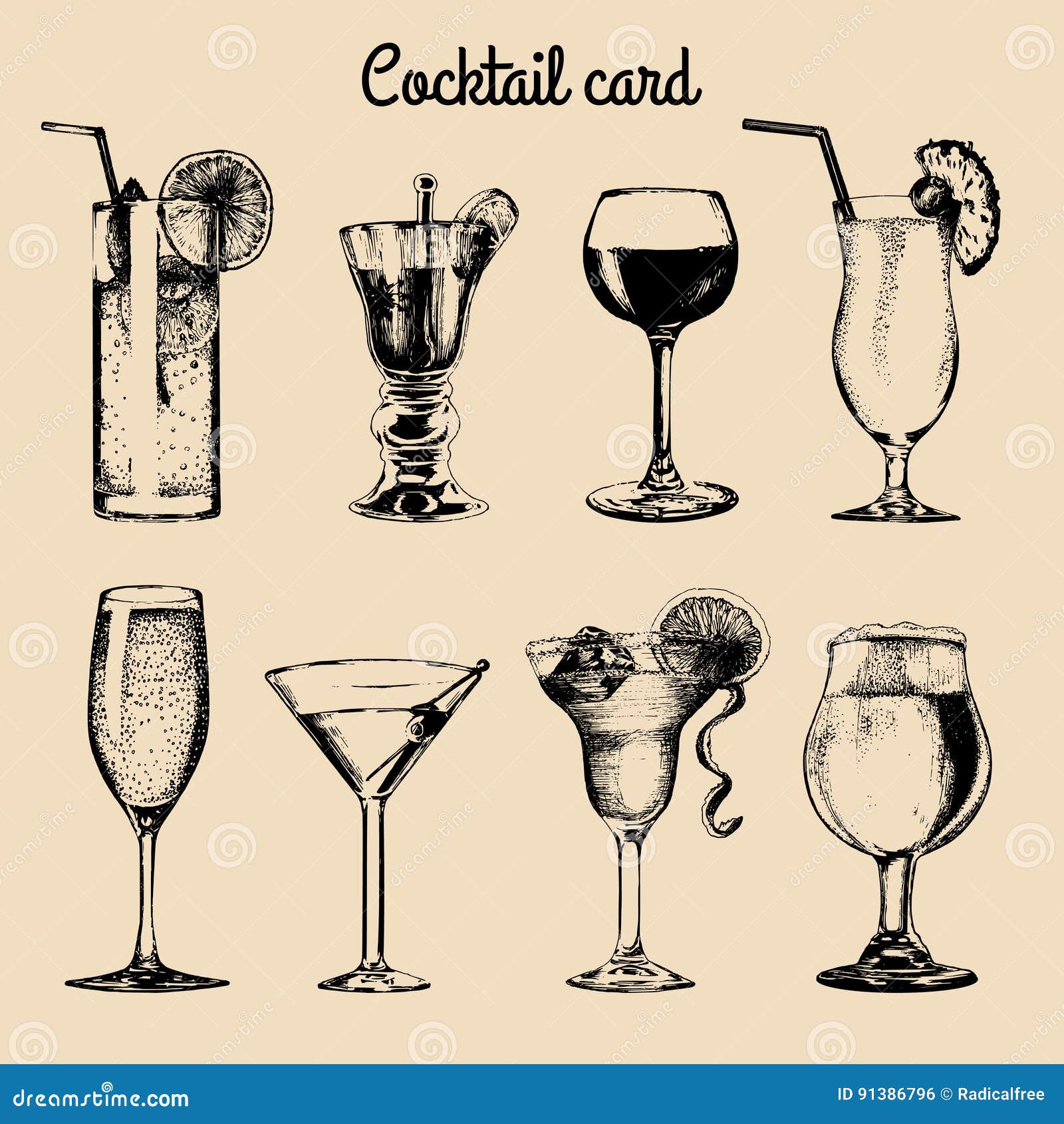 Illustration Set Different Bar Glasses Wine Different Cocktails