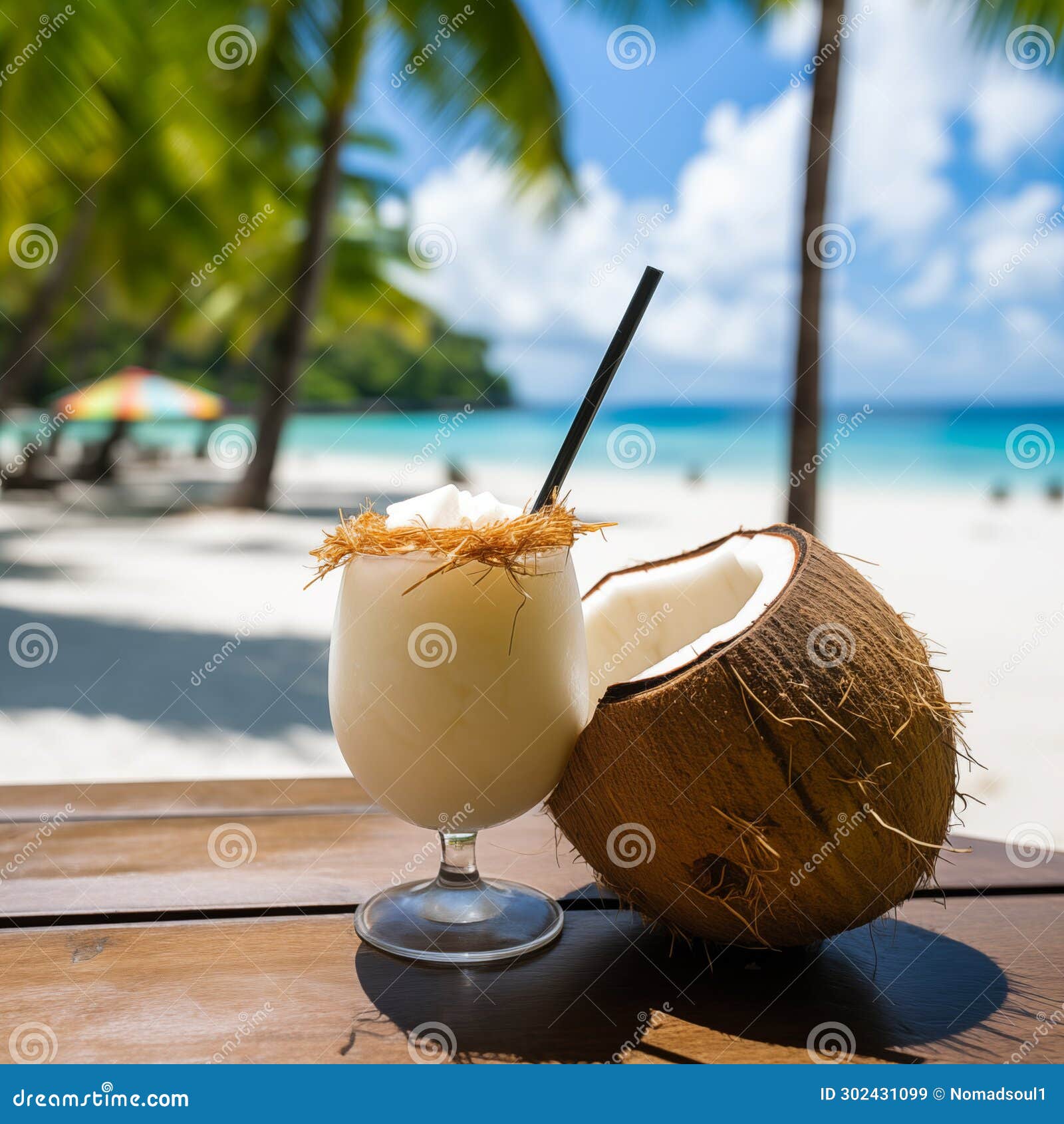 Cocktail in Fresh Coconut with Umbrella at Beach. Generative AI Stock