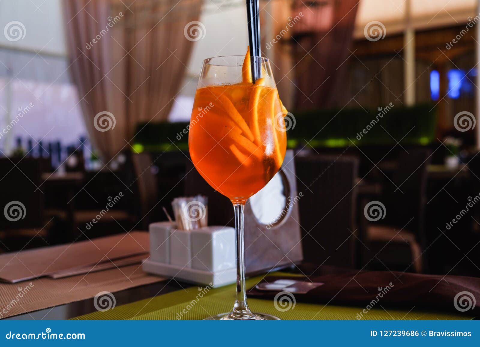 Cocktail Glass on the Table Restaurant Cafe Interior Stock Photo