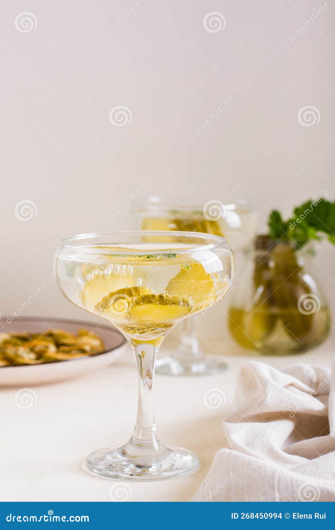 Cocktail with Pickles in Glasses on the Table. Homemade Drinks Stock