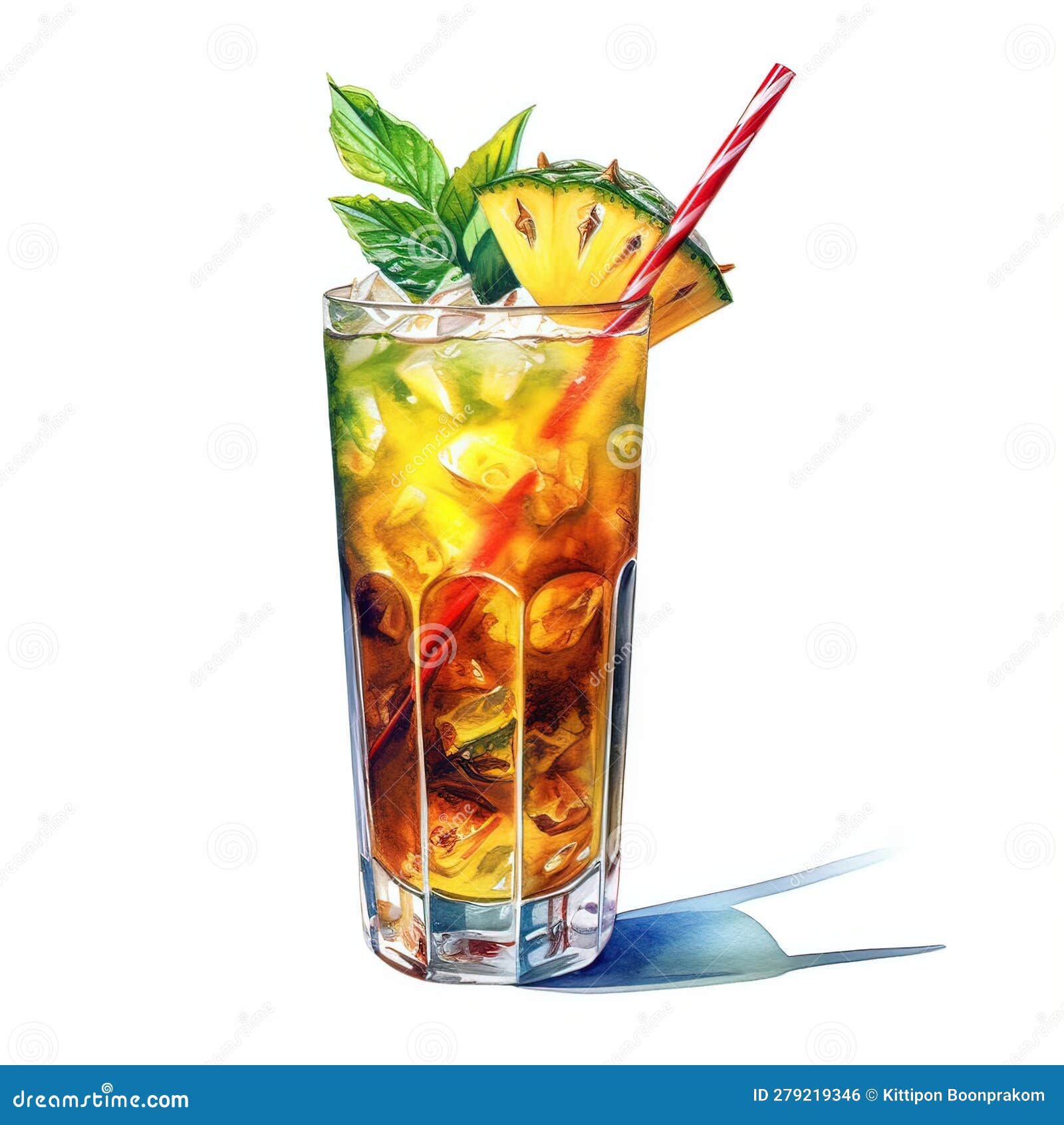 Cocktail with Pineapple, Mint and Ice. Watercolor Illustration Stock
