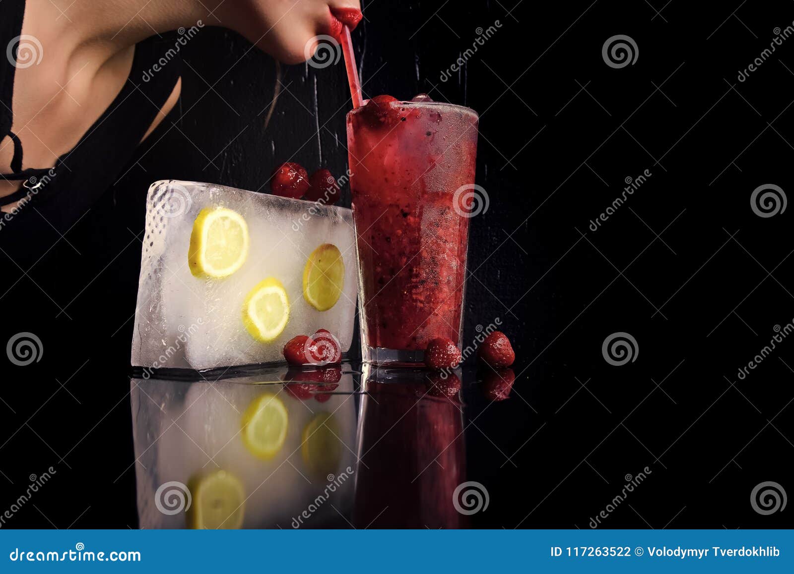 Cocktail with Strawberry for Young Girl on Black, Copy Space Woman ...