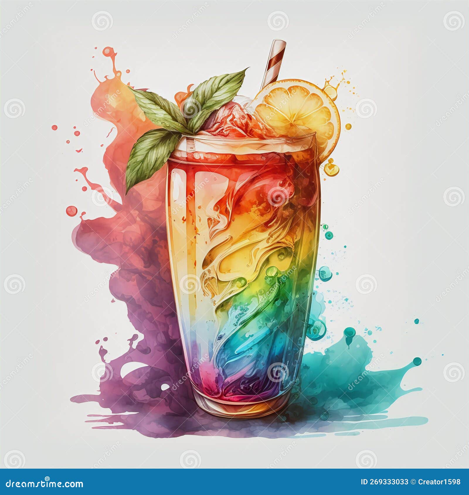 Cocktail Stylisé Acrylique Multicolore Avec Une Tranche De Citron Et De  Menthe Sur Fond De Taches D'aquarelle. Illustration Stock - Illustration du  alcool, frais: 269333033