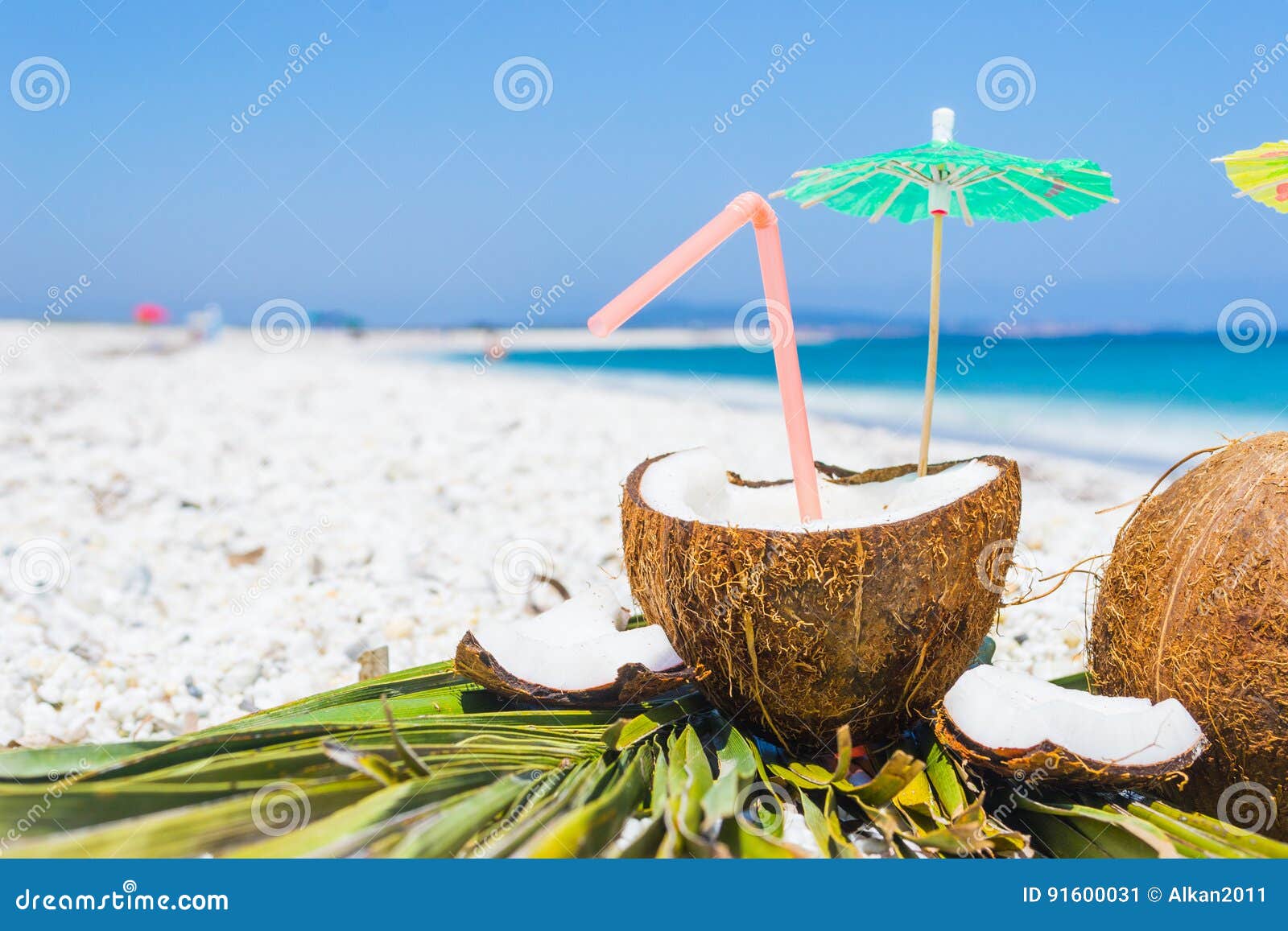 Cocktail Umbrellas and Straw in a Coconut Stock Image Image of