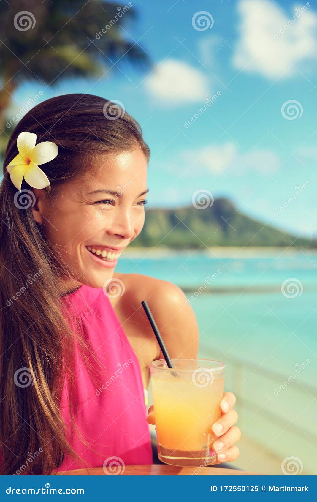 Cocktail Woman Drinking Mai Tai Drink At Outdoor Bar On Waikiki Beach