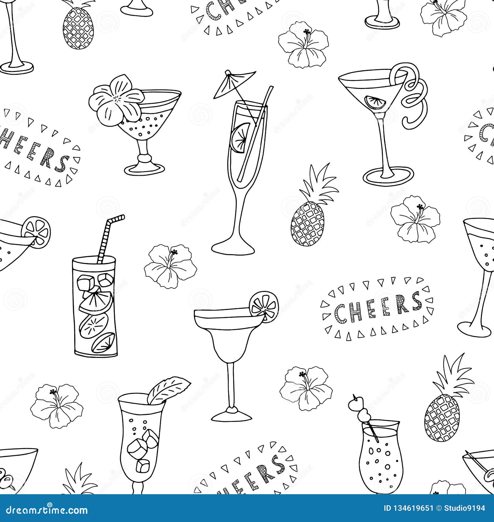Cocktailglaser Schwarz Auf Einem Weissen Hintergrund Mit Dem Beifallbeschriften Den Ananas Und Den Hibiscusblumen Nahtloser Vekto Vektor Abbildung Illustration Von Beifallbeschriften Nahtloser