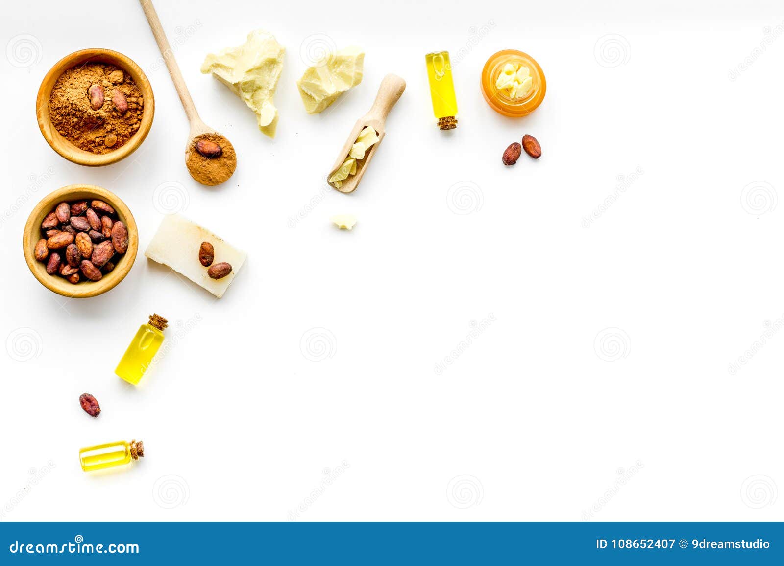 cocoa butter for skin care. white background top view copy space
