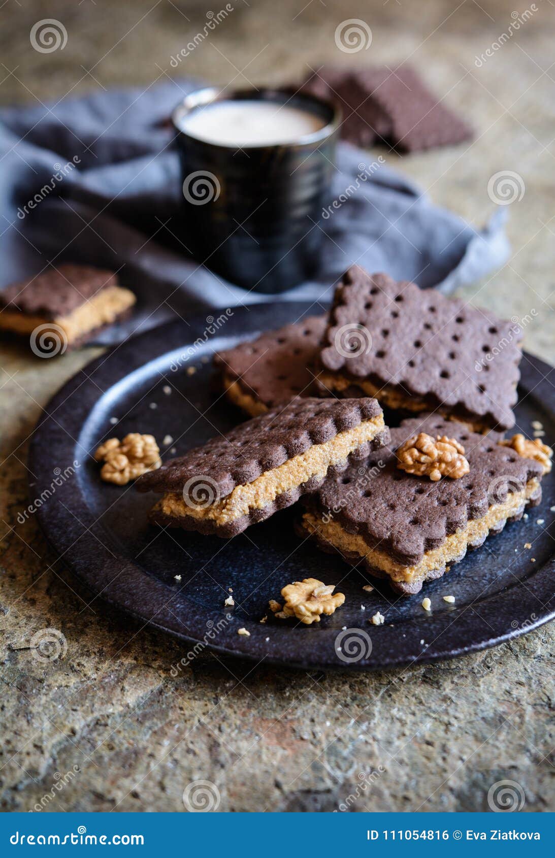 Cocoa Sandwich Biscuits Stuffed with Walnut and Coffee Filling Stock