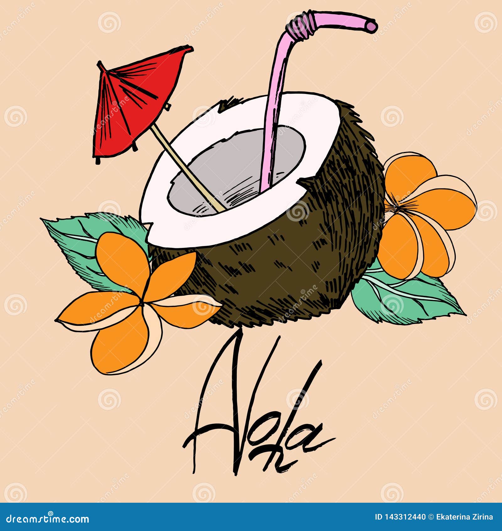 Download Coconut And Aloha Inscription Black Outline And Color Fill ...