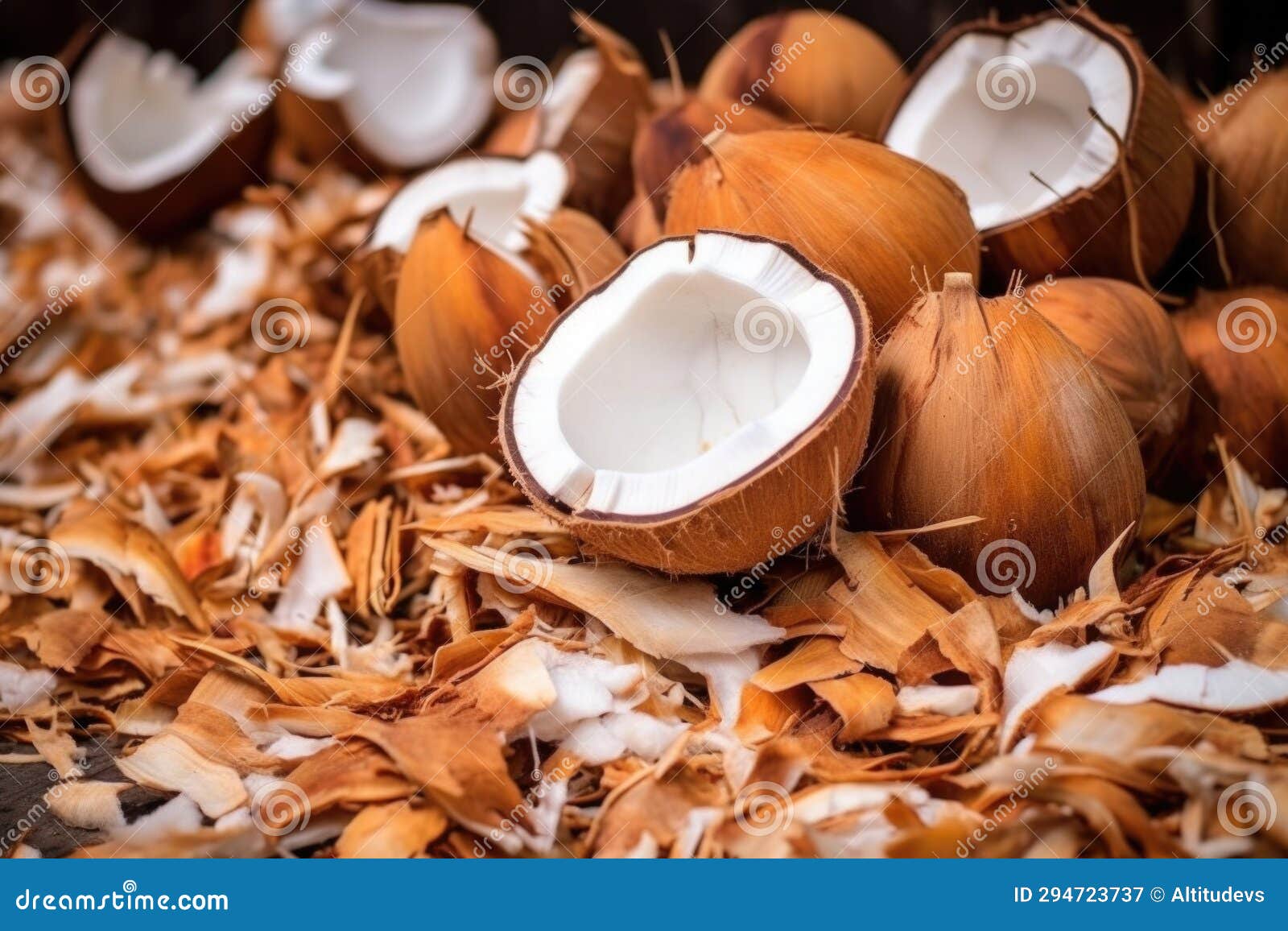 coconut husks in a pile, byproduct of production