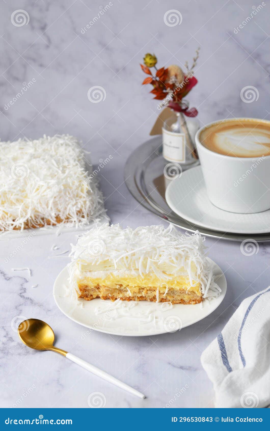 Coconut Layer Cake Slice, Tasty Pastry on a Plate Stock Image Image