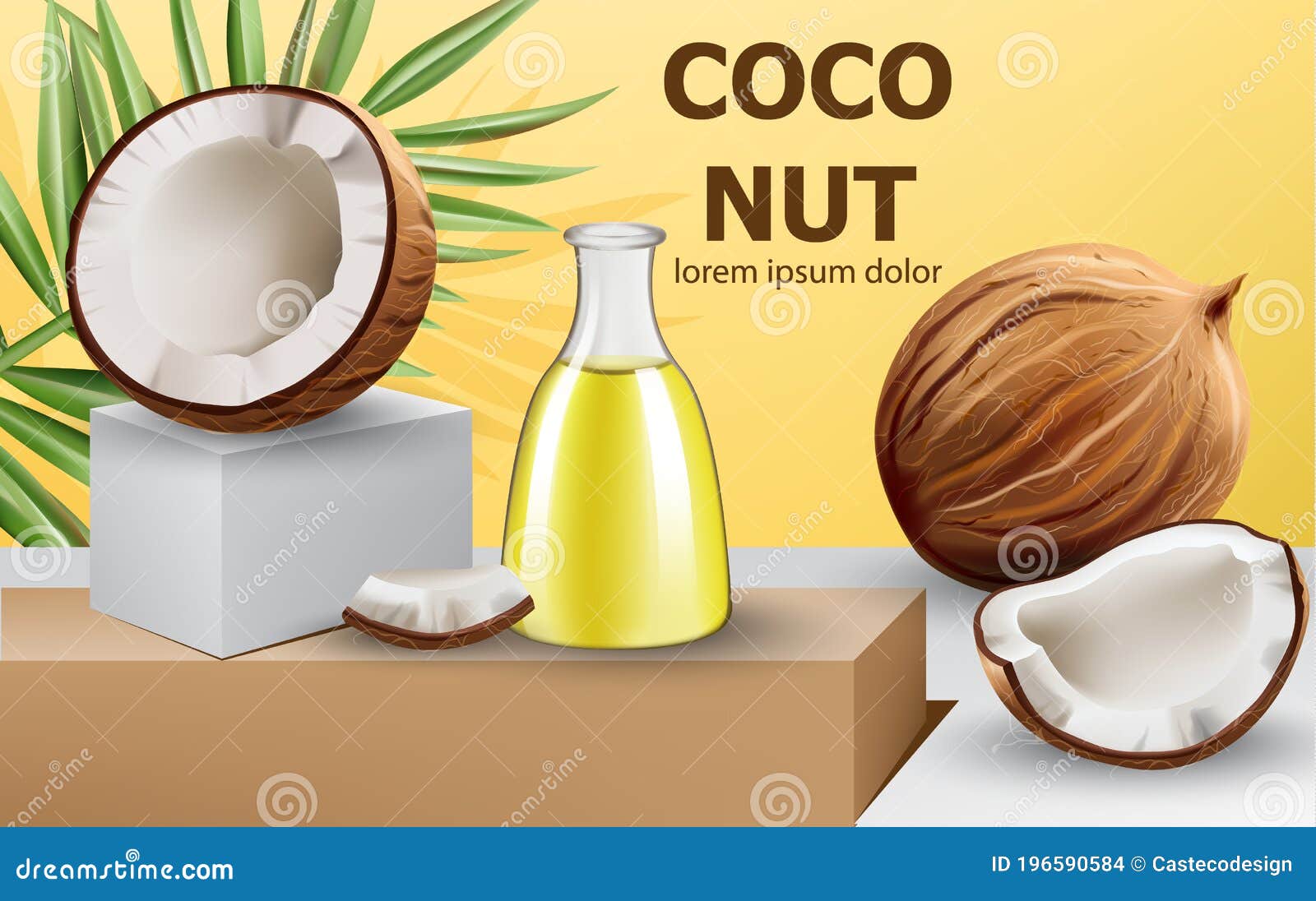 Download Coconut Oil Fresh Organic Product. Whole And Cracked Coconuts On Podium. Realistic. 3D Mockup ...