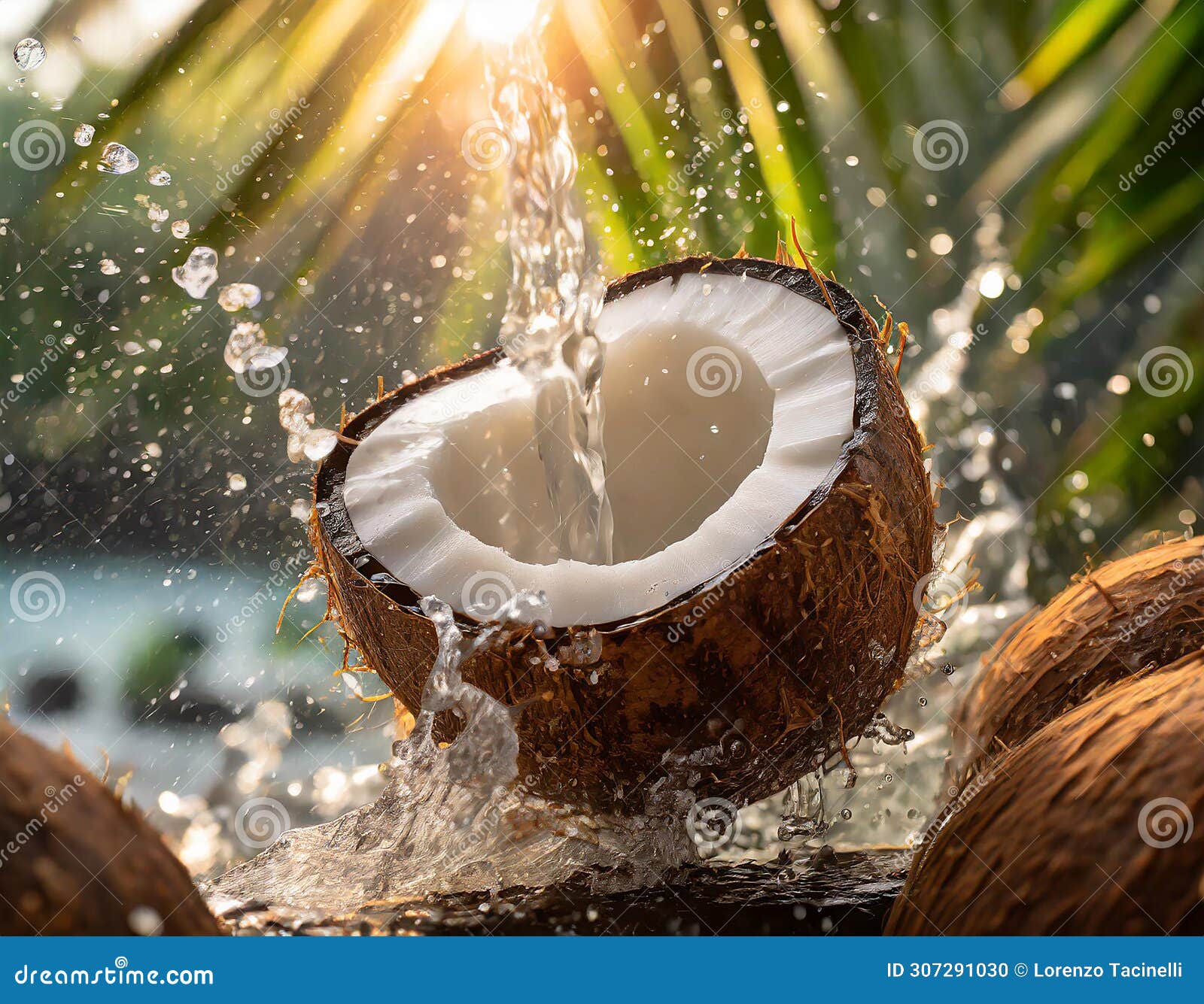 coconut splashing into water. ai-generated image