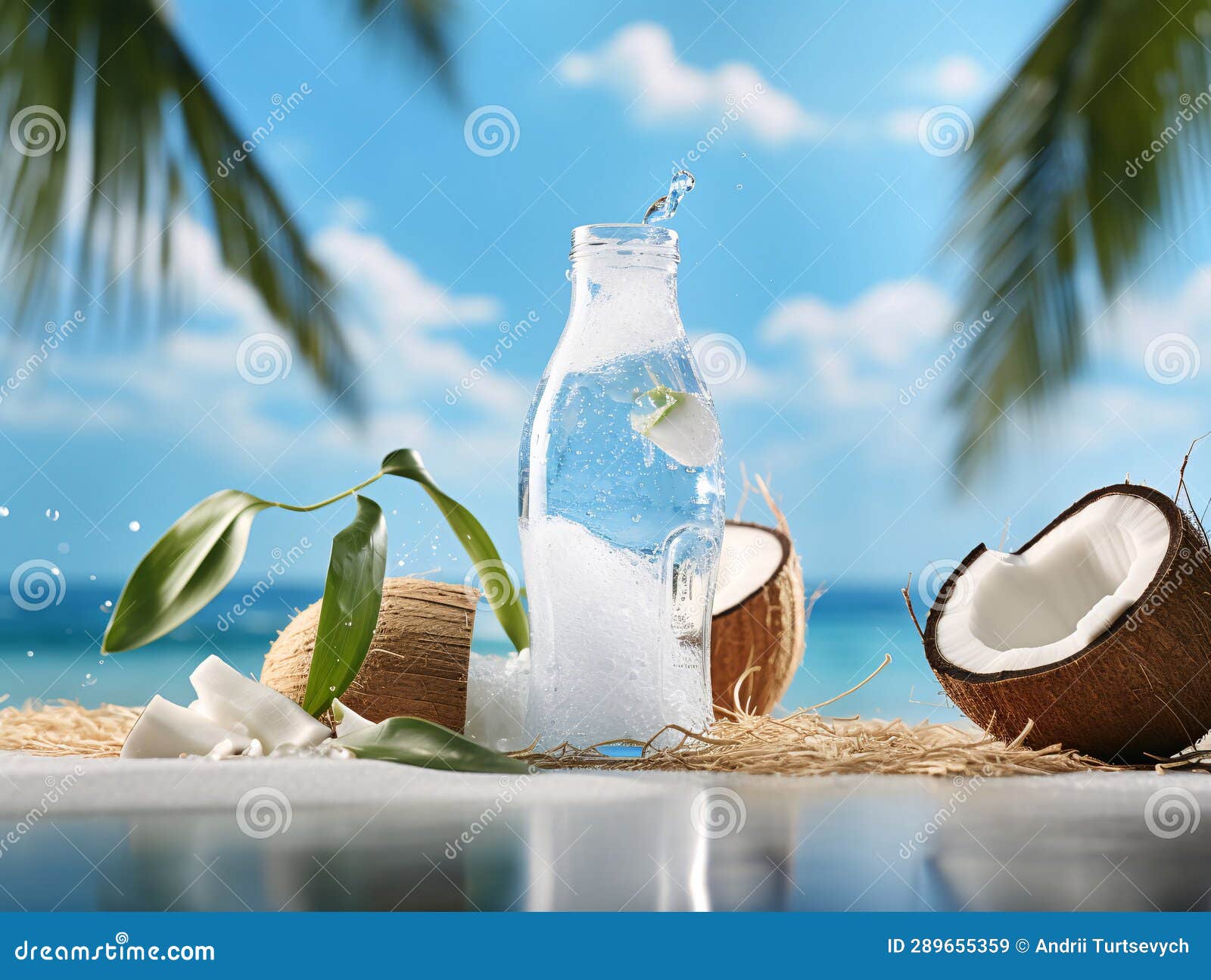 Coconut Water Bottle with Splash and Coconuts AI Generated Stock Image