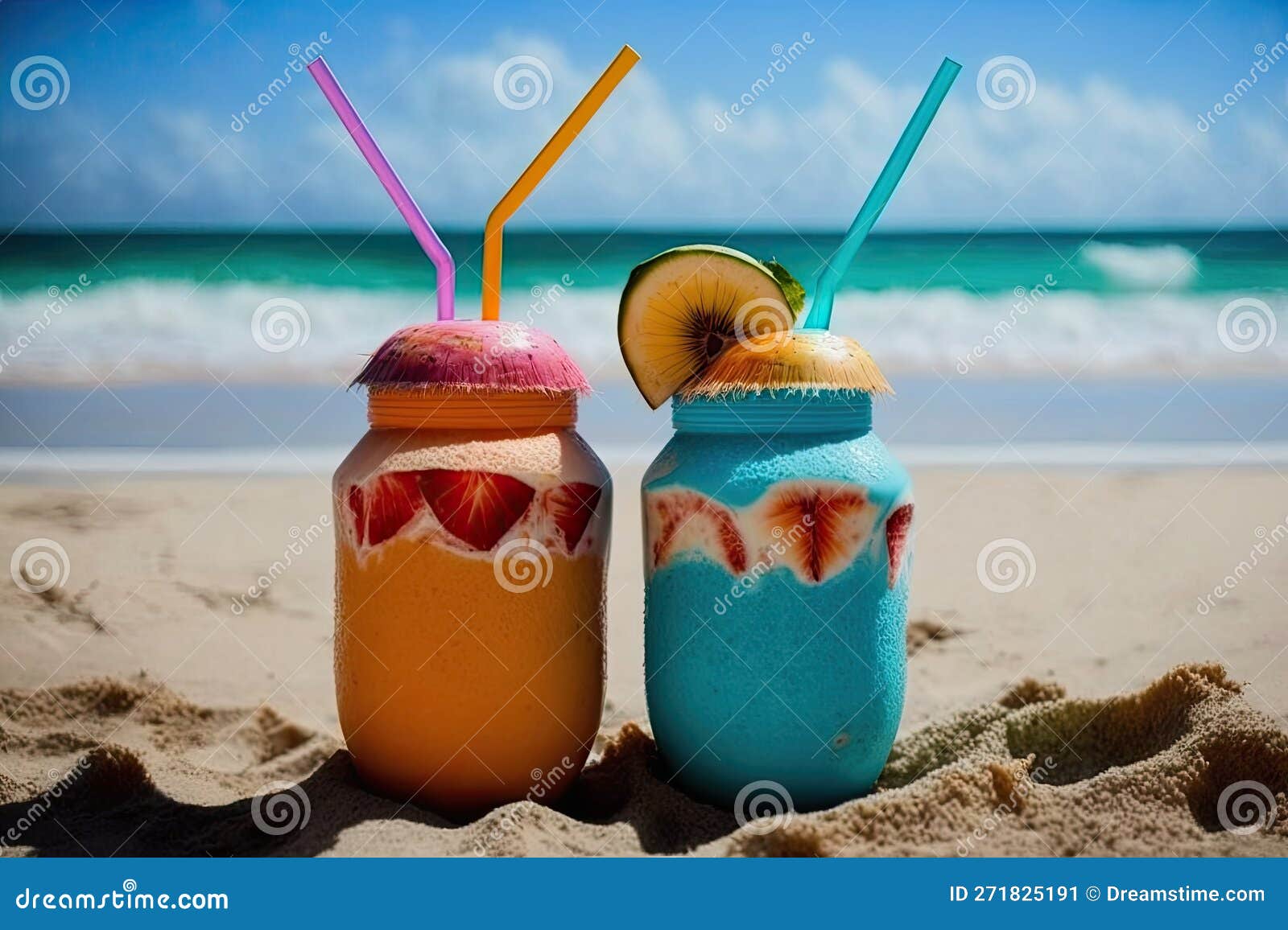 Coconut Water and Fruit Smoothies at the Beach Stock Illustration