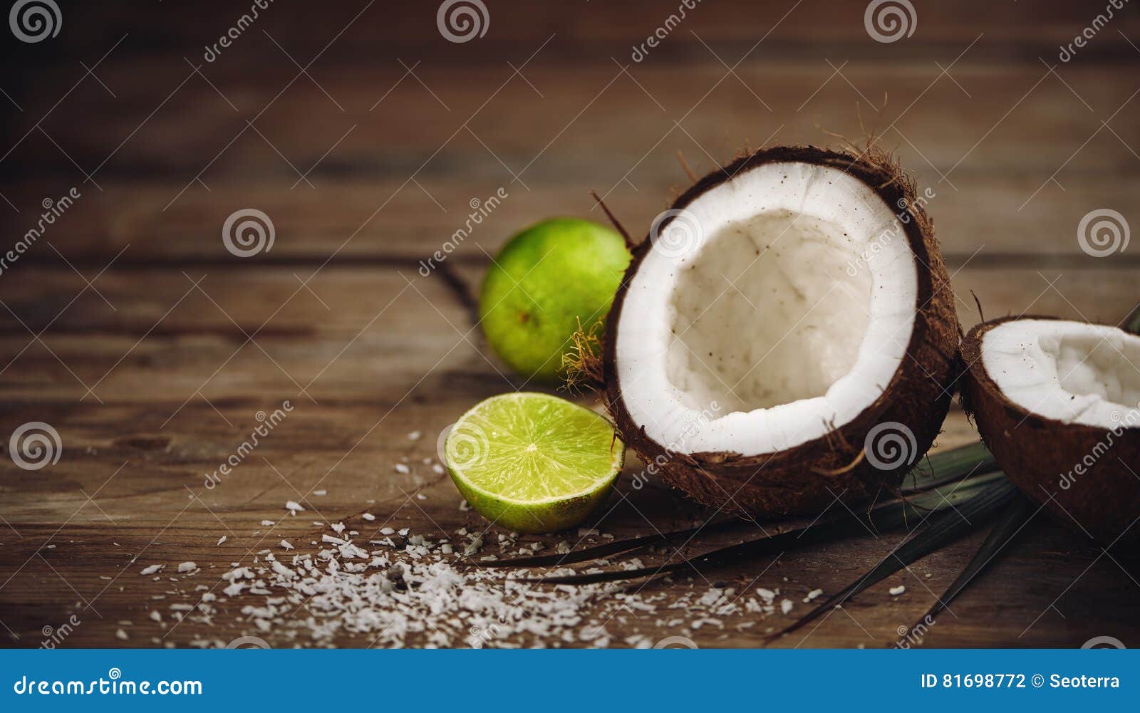 Coconut on wooden table stock photo. Image of copy, shell 81698772