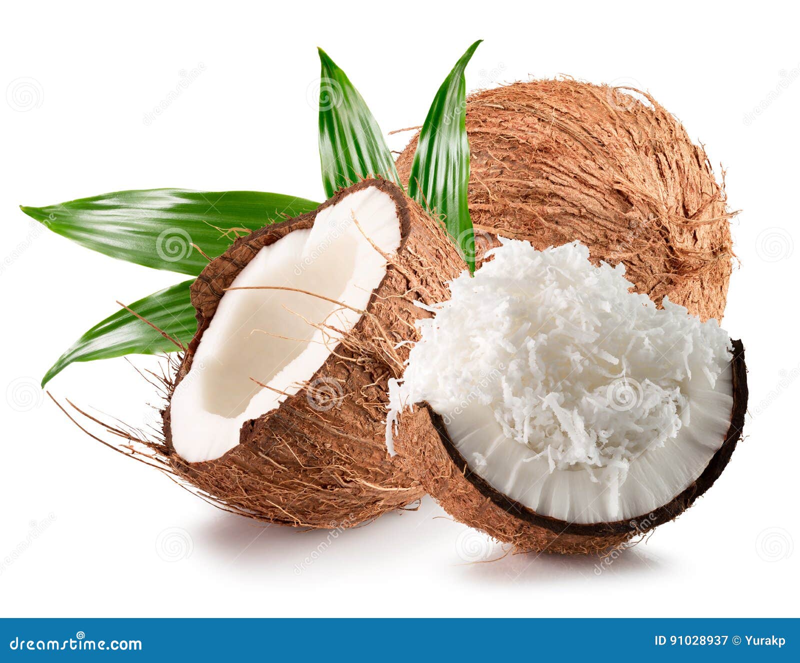 Coconuts with Coconut Flakes Isolated on a White Background Stock Image