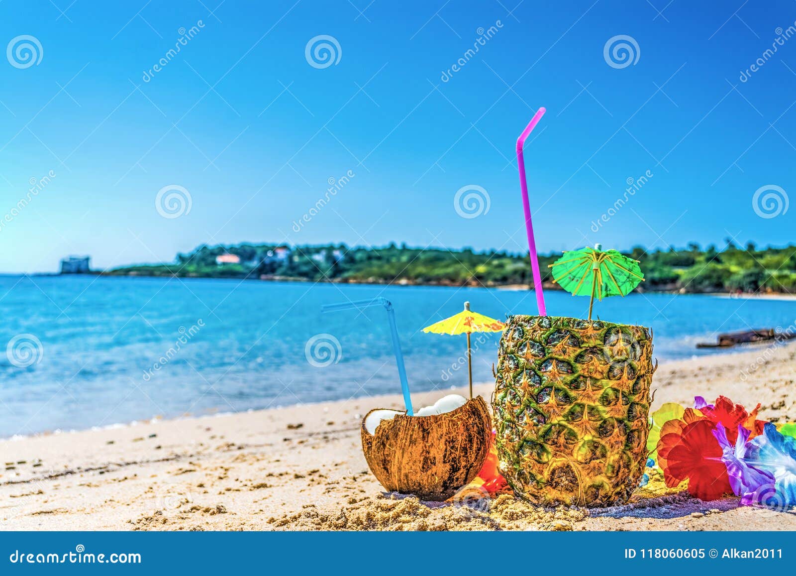 Coconuts and Pineapple Drinks on the Sand Stock Image Image of shore