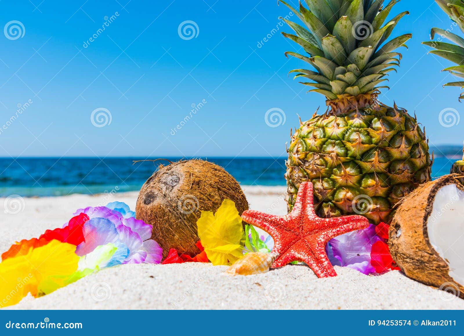 Coconuts and Pineapples on a Tropical Beach Stock Photo Image of