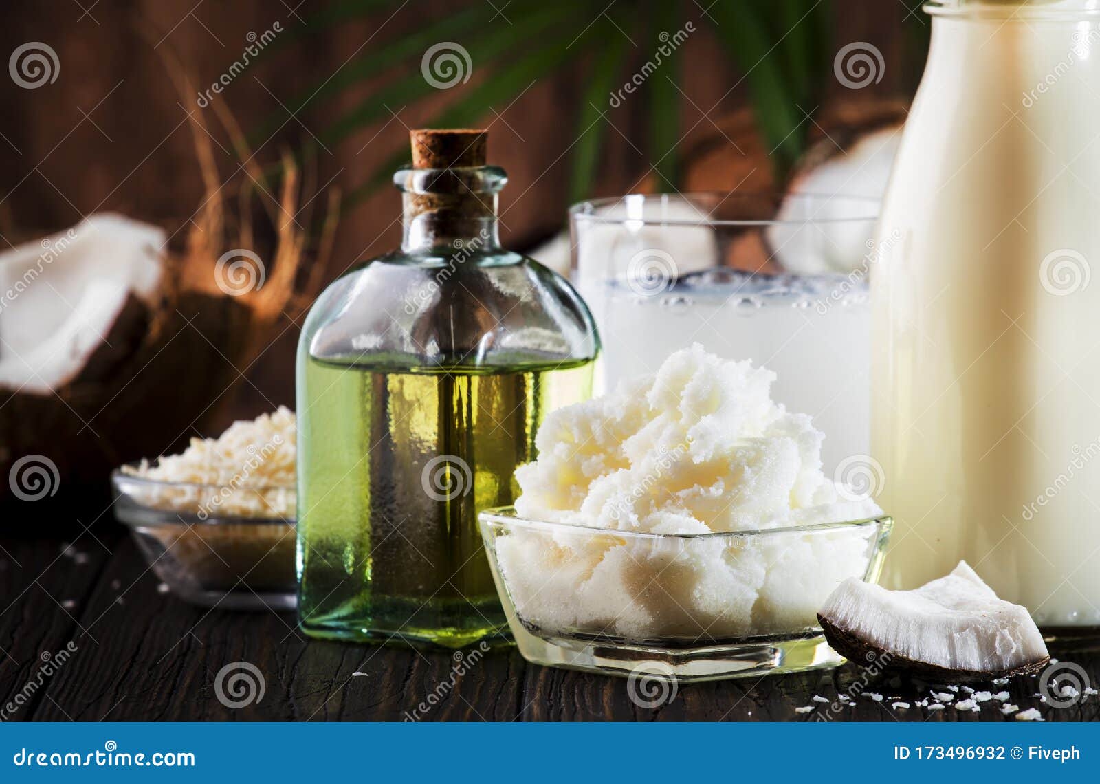 Coconuts Products Mct Butter Oil Milk Oil Shavings On Wooden