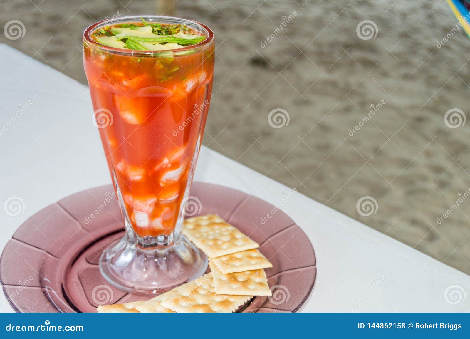 coctel de camaron, prawn cocktail, at the beach in veracruz, mexico. copy space