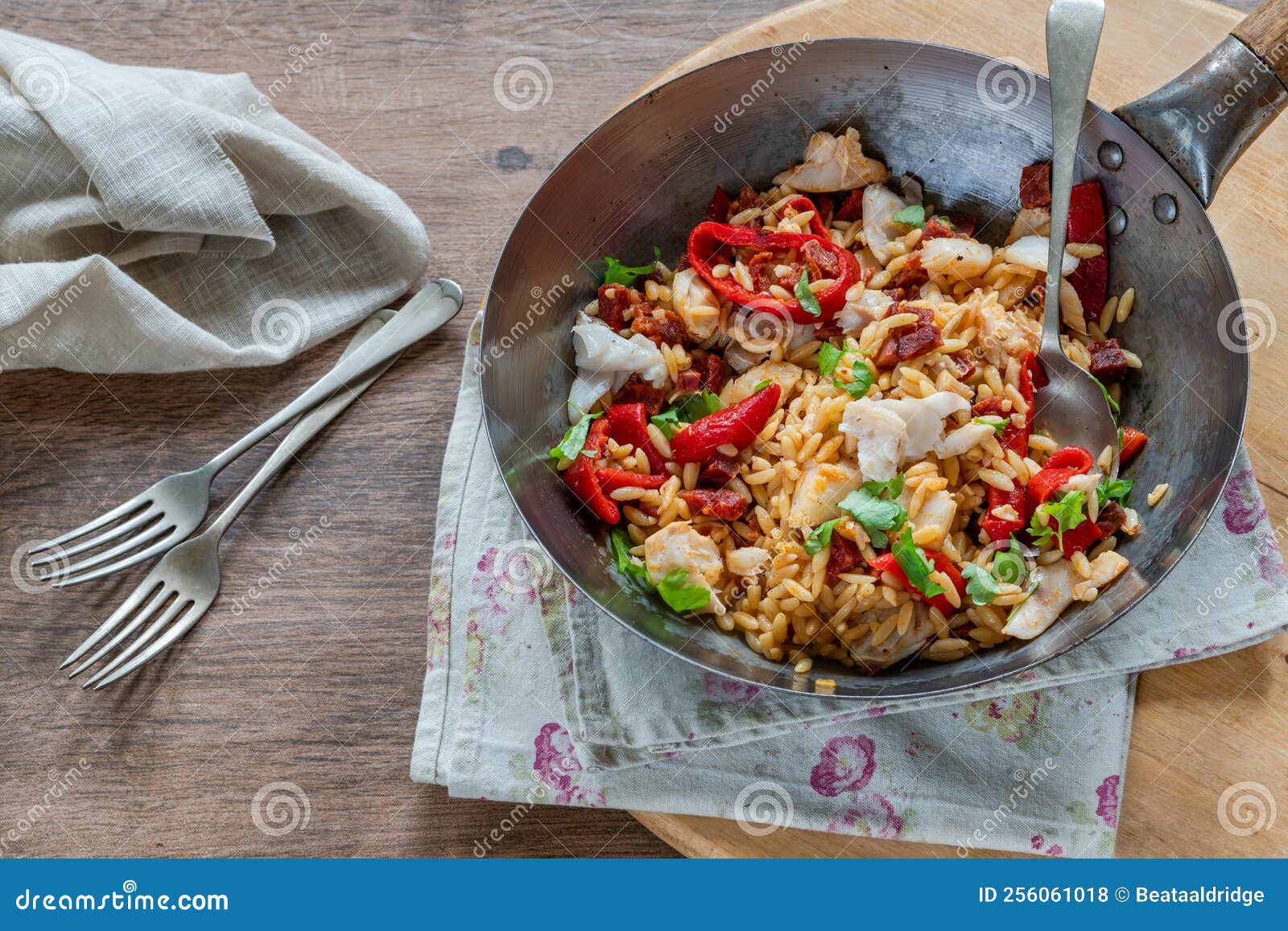 Cod, Chorizo and Orzo Pasta Stock Photo Image of cooked, parsley