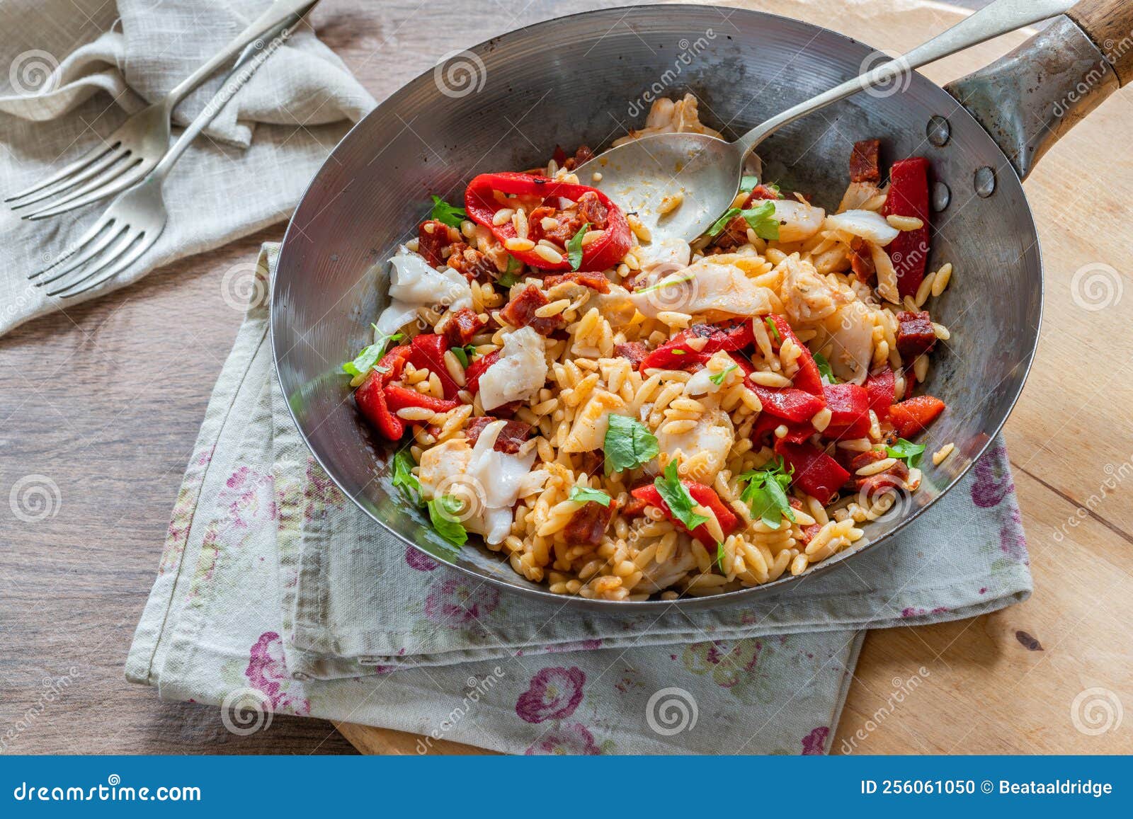 Cod, Chorizo and Orzo Pasta Stock Photo Image of cooked, garnish
