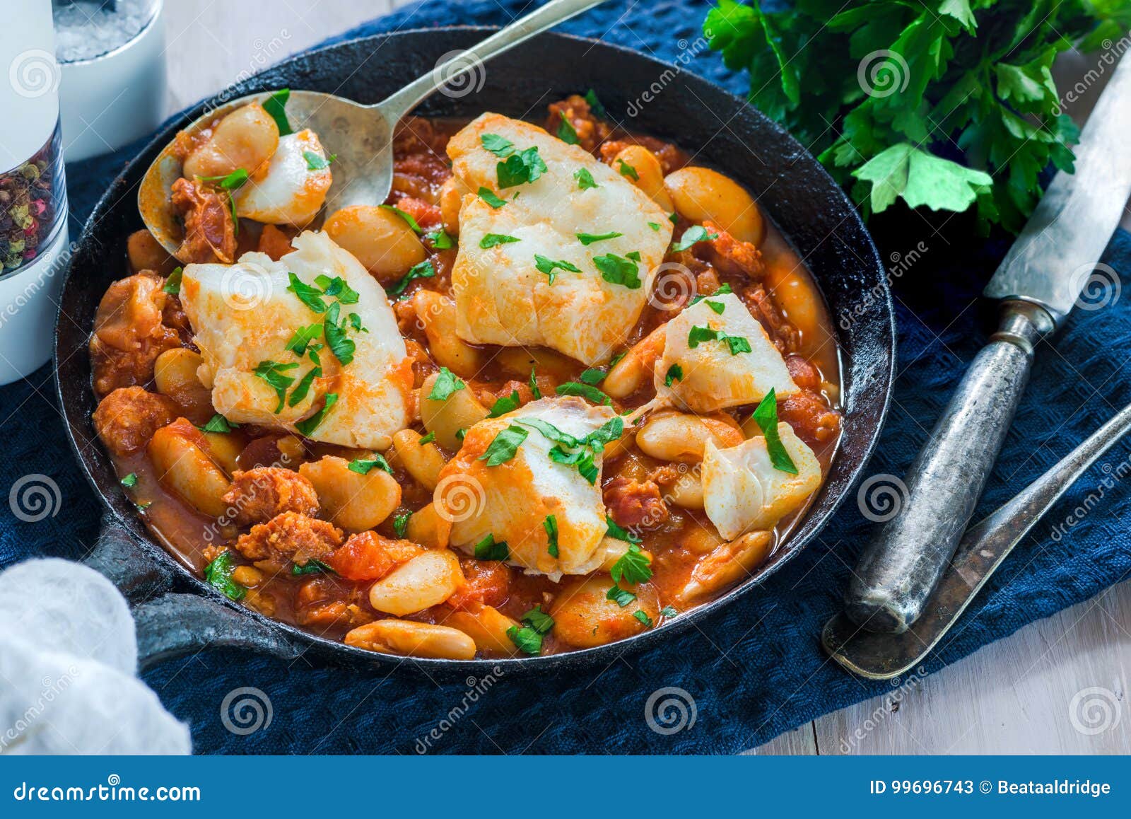 Cod and chorizo stew stock image. Image of cuisine, macaroni 99696743