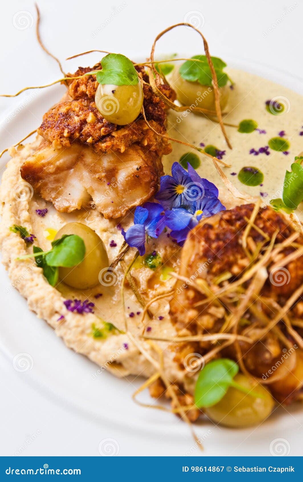 Cod Fish Elegant Dish with Grapes Stock Image Image of plate