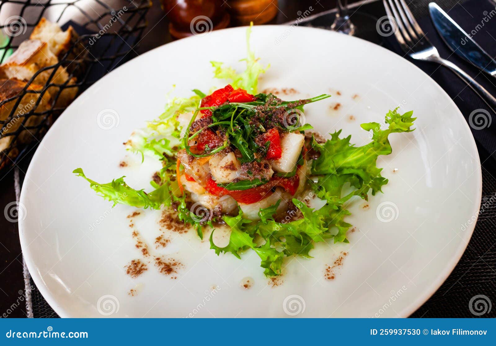 Cod Timbale with Roasted Red Peppers and Arugula Stock Photo Image of