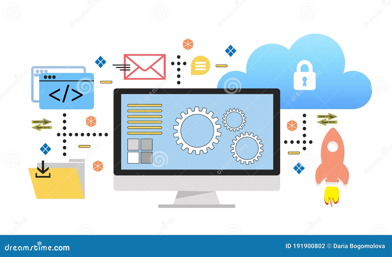 A set of illustrations on information technology. Web development