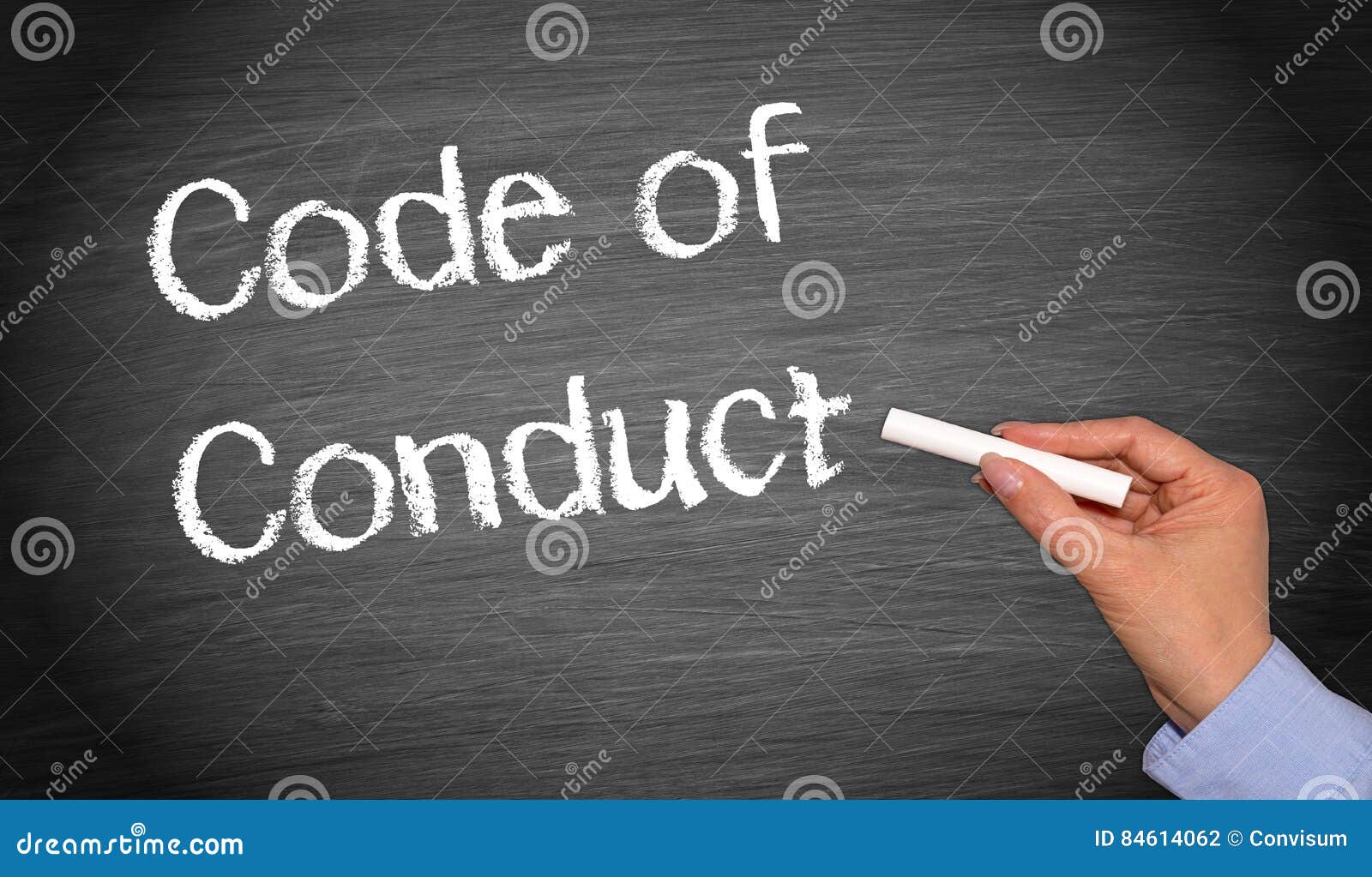 code of conduct chalkboard with female hand