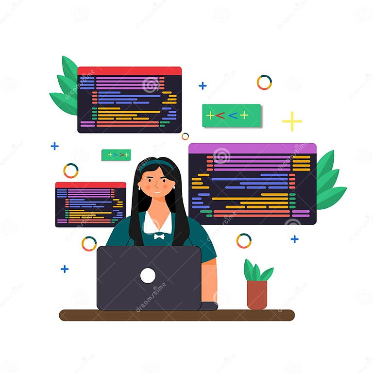 Coders or Coding Girl Work at Home Flat Design Character Stock Vector ...