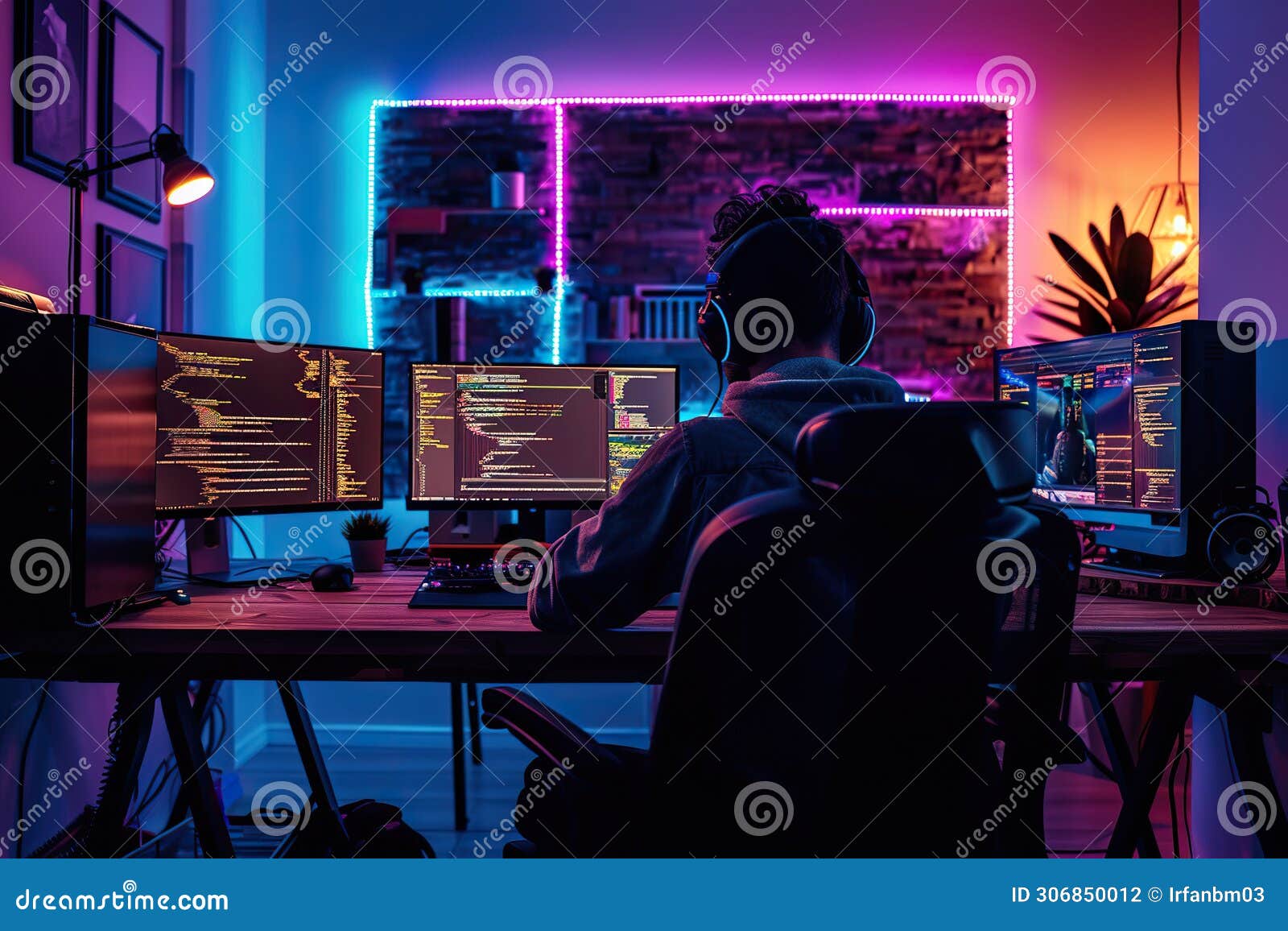 coding intensity: it developer immersed in online software firmware creation under neon glow
