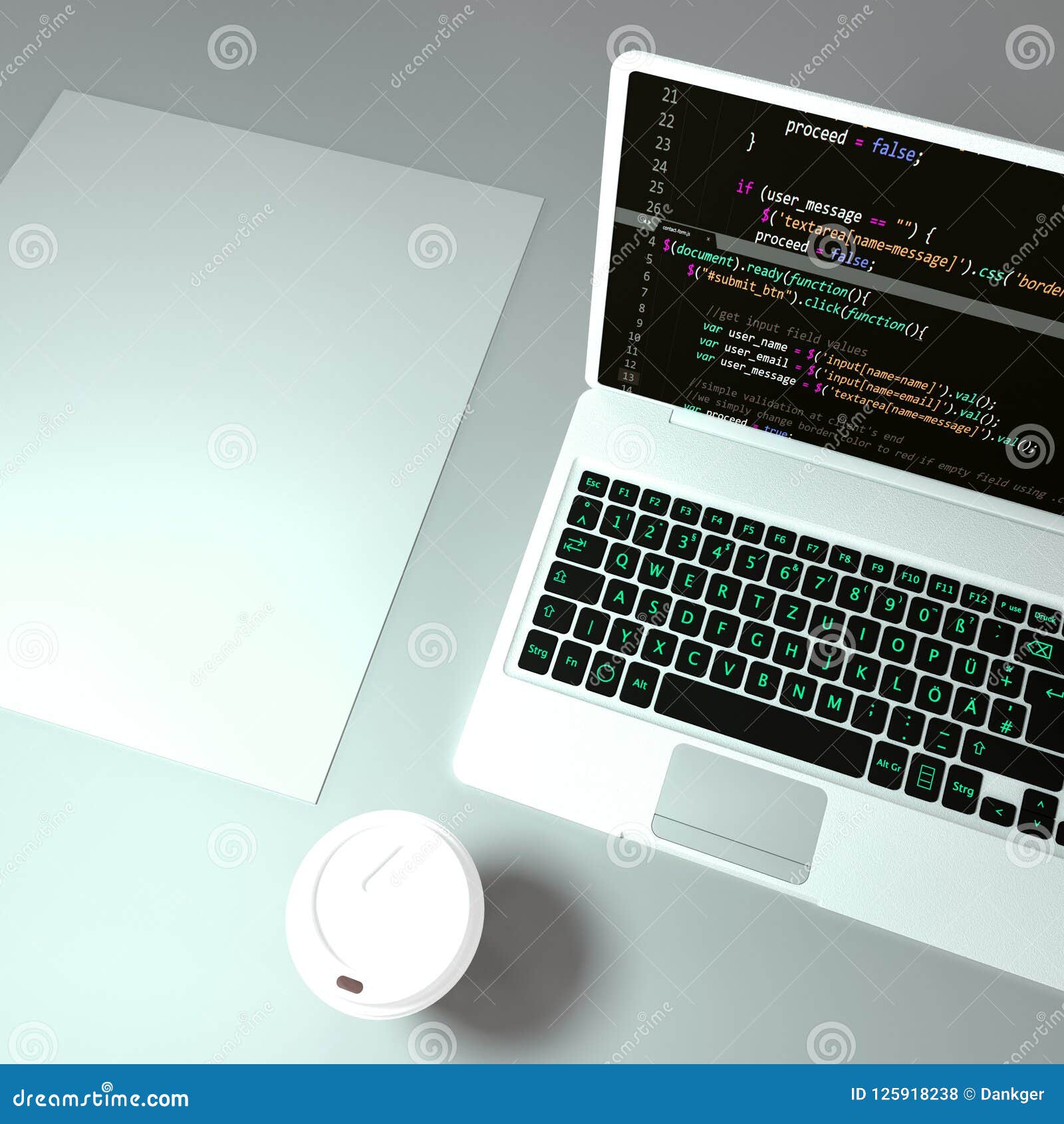 A laptop is open on a desk, surrounded by a cup of coffee and scattered papers. The focus is on the tools of the trade – the laptop, the coffee, and the notes – suggesting a busy but productive workflow. It’s a more hands-on, tangible approach to coding.