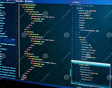 It Coding on Monitor Screen. HTML Markup Language Closeup. Programming ...