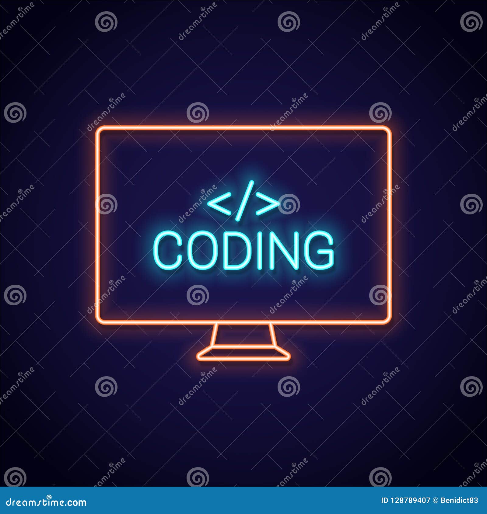 Coding Neon Sign. Pc Monitor with Programming Neon Banner on Brick  Background Stock Vector - Illustration of information, blue: 128789407