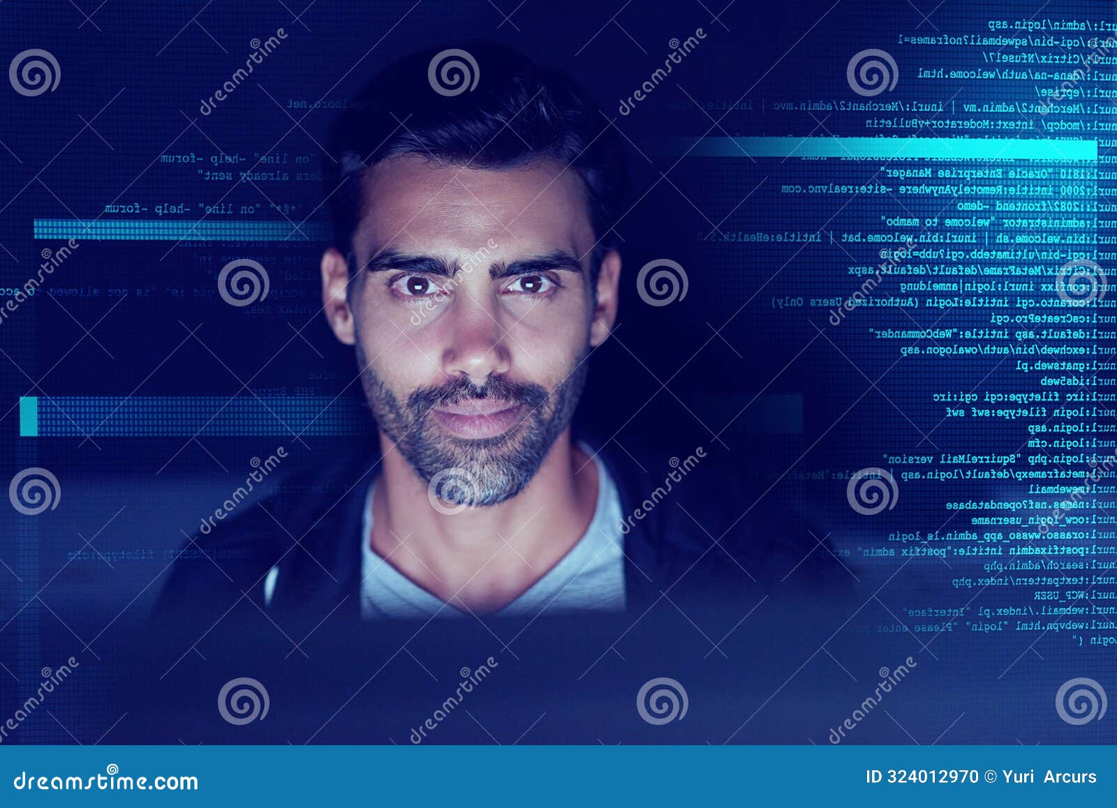 Coding, Overlay and Man at Night on Computer for Programming, Software ...
