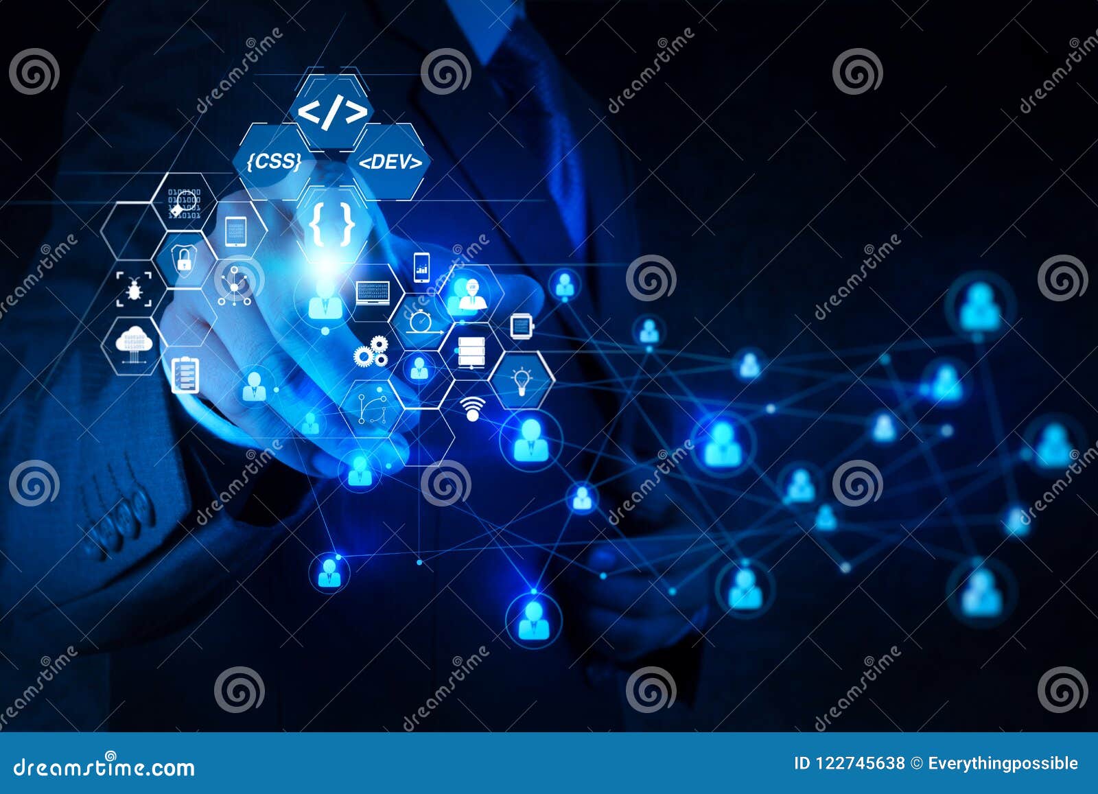 coding software developer work with augmented reality dashboard computer icons