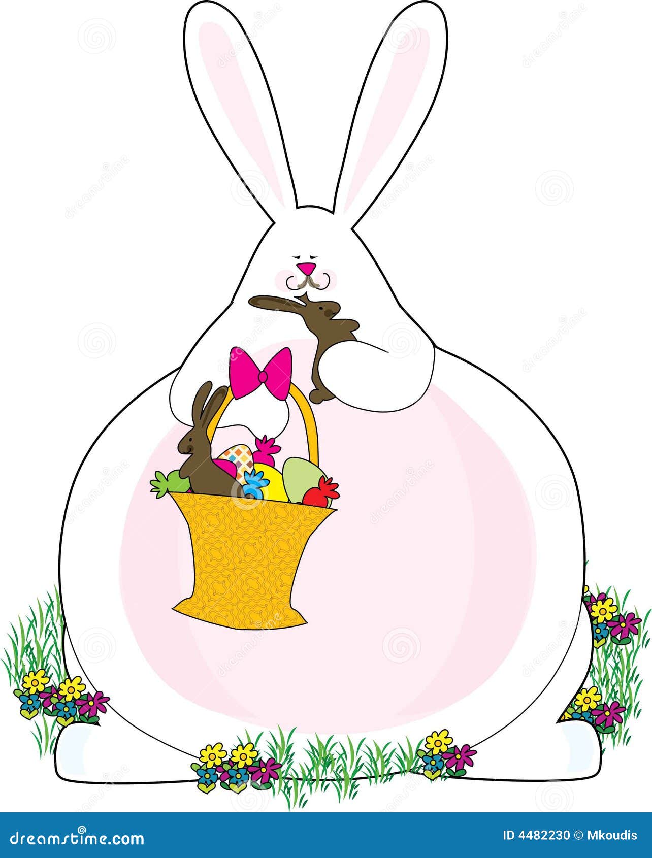 Um coelho gordo que come os coelhos do chocolate em sua cesta