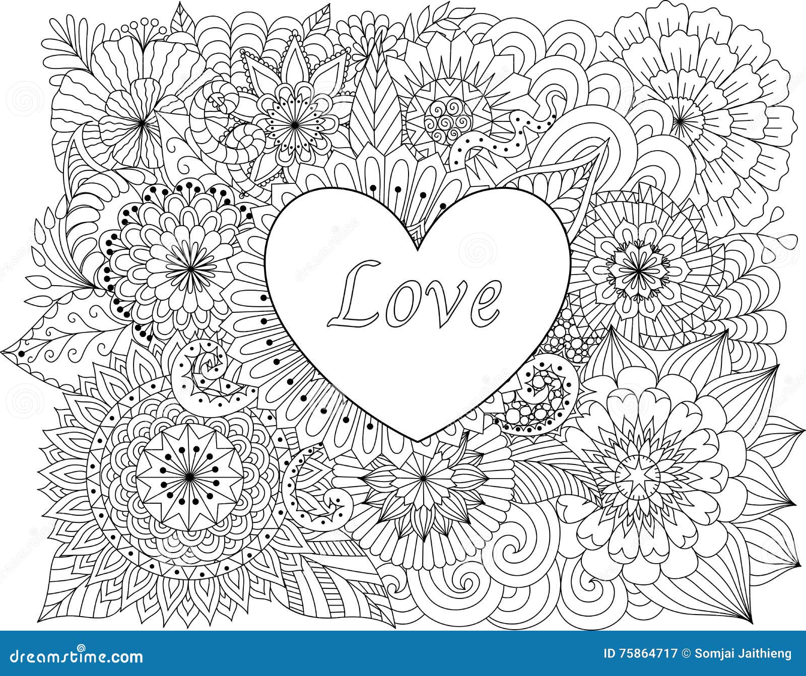 Coeur sur des fleurs pour livres de coloriage pour la carte d adulte ou de